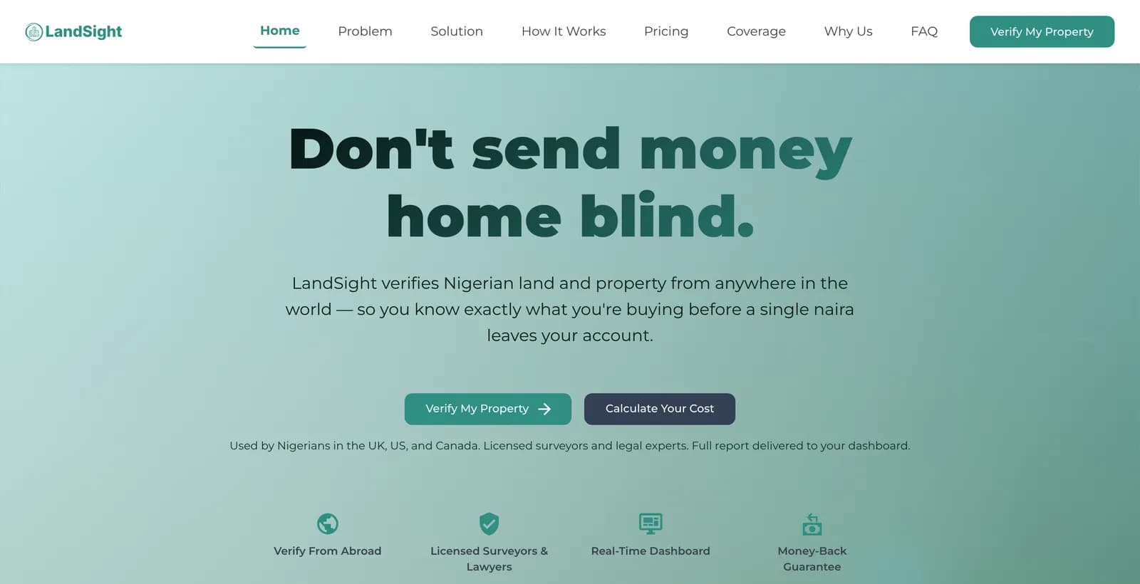 LandSight landing page: “Don’t send money home blind.”